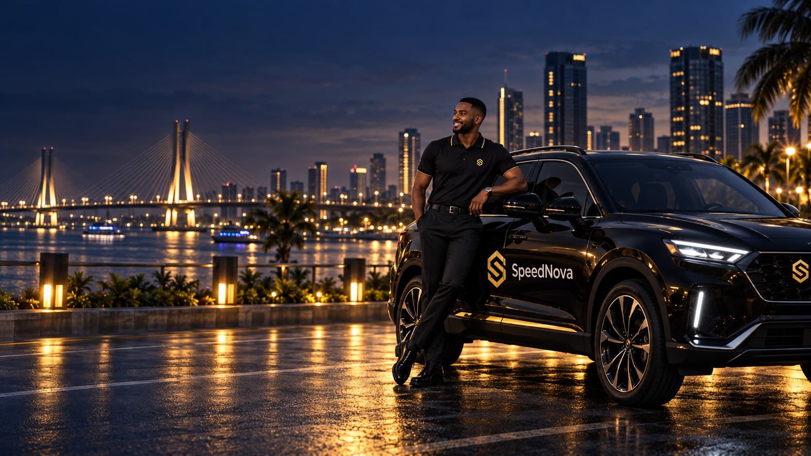 A SpeedNova driver standing beside a branded car at night